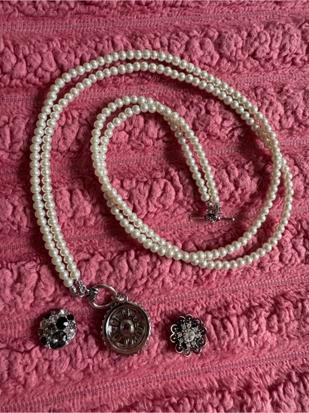 Long Pearl Necklace with Silver Interchangeable Charms